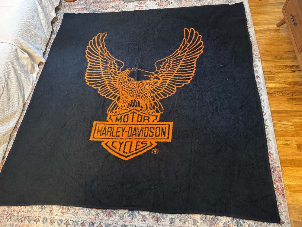 Harley Davidson Fleece Blanket. Vintage Biederlack. Black Orange